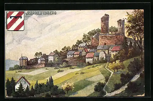 AK Oberreifenberg, Ortsansicht mit Burg und Wappen