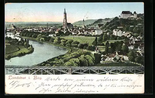 AK Landshut i. Bay., Totalansicht mit Stahlbrücke und Fluss