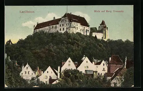 AK Landshut, Teilansicht des Ortes unterhalb Burg Trausnitz