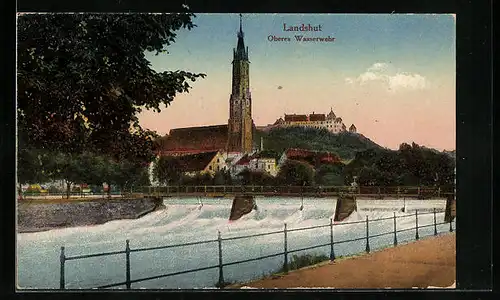 AK Landshut, Blick auf Oberes Wasserwehr vor Ort und Kirche