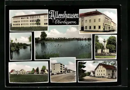 AK Allershausen / Obb., Blick auf den See, Flusspartie und Denkmal