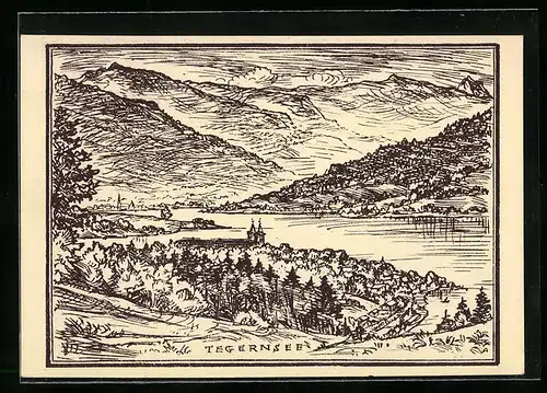 AK Tegernsee, Blick auf den See aus der Vogelschau