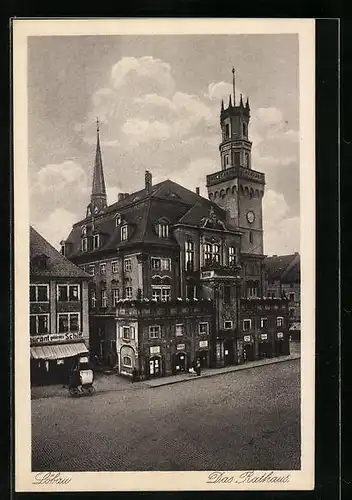 AK Löbau, Restaurant goldenes Schiff und Geschäfte am Rathaus