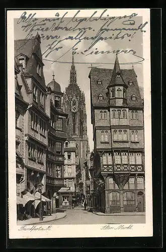 AK Alt-Frankfurt, Alter Markt mit Geschäft und Kirche