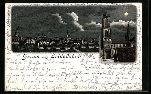 Mondschein-Lithographie Schlettstadt, Ortsansicht, Blick auf das Münster