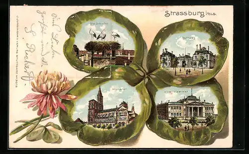 Lithographie Strassburg, Schloss, Münster, Justizpalast, Kleeblatt