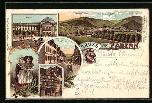 Lithographie Zabern, Altes Haus, Schloss, Hauptstrasse