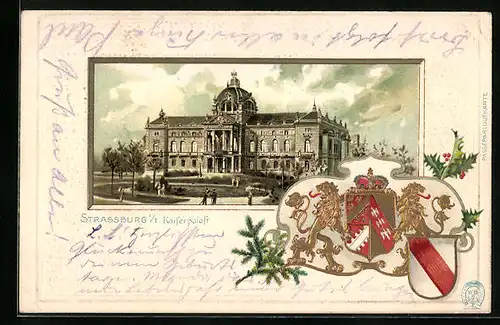 Passepartout-Lithographie Strassburg, Kaiserpalast, Wappen