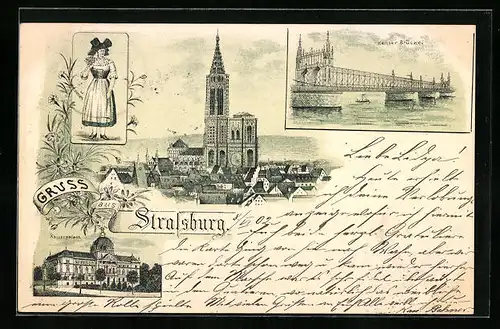 Lithographie Strassburg, Kaiserpalast, Kehler Brücke