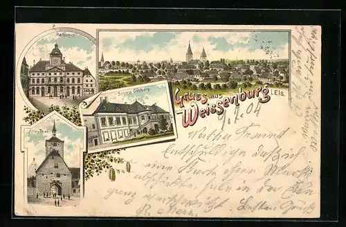 Lithographie Weissenburg, Schloss Gaisberg, Altes Thor, Rathaus