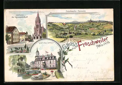 Lithographie Fröschweiler, Gräfliches Schloss, Gasthaus zur Jägerzusammenkunft