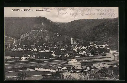 AK Schelklingen, Ortspartie mit Blick auf die Burgruine