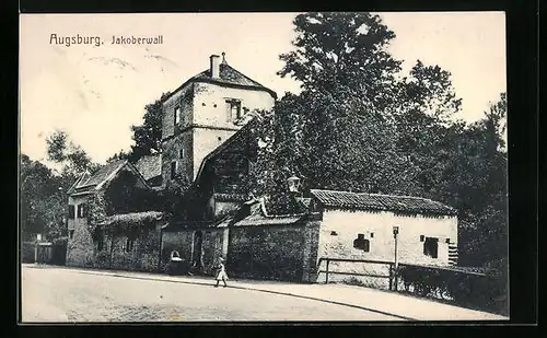 AK Augsburg, Strassenpartie mit Kind vor dem Jakoberwall