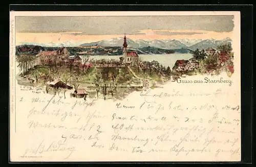 Lithographie Starnberg, Ortspartie am See vor den Bergen