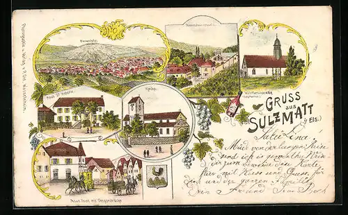 Lithographie Sulzmatt, Haus Dr. Heberle, Neue Post mit Gregoribrücke