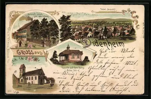 Lithographie Didenheim, Gasthaus zum roten Löwen, Kirche