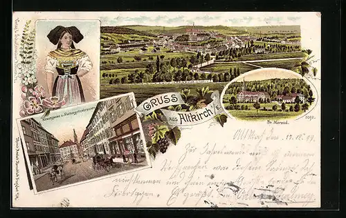 Lithographie Altkirch, Kreuzgasse und Muttergottesbrunnen, Ortsansicht, St. Moraud