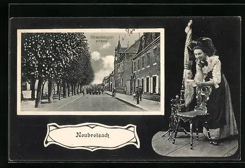 AK Neubreisach, Musikkapelle auf der Strassburgerstrasse, Mädchen am Spinnrad