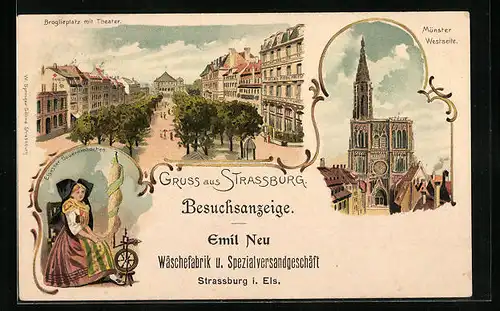 Lithographie Strassburg, Broglieplatz mit Theater, Münster von der Westseite