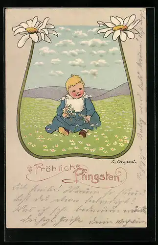 Künstler-AK Gertrud Caspari: Kleinkind sitzt auf einer Blumenwiese, Pfingsgruss