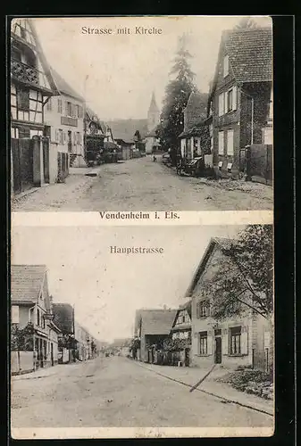 AK Vendenheim i. Els., Strassenpartie mit Kirche, Hauptstrasse