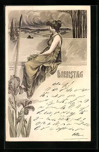 Künstler-AK H. Fründt: Dienstag, Dame in Tunika, Jugendstil