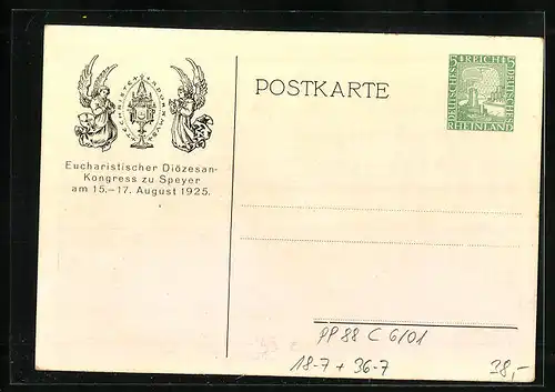 AK Speyer, Ganzsache PP88C6 /01, Eucharistischer Diözesan-Kongress 1925