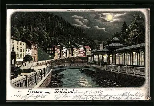 Mondschein-Lithographie Wildbad, Blick in die Olgastrasse mit der Trinkhalle bei Mondlicht