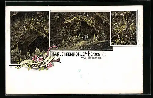 Lithographie Hürben, Blick in die Charlottenhöhle, Tropfsteinhöhle
