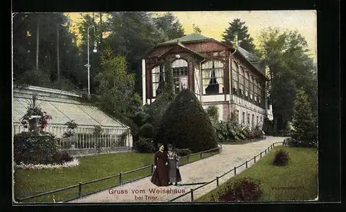 AK Trier, Gartenpartie am Weisshaus mit Gewächshaus