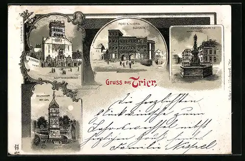 Lithographie Trier, Porta Nigra, Matthiaskirche, Secundinersäule, Petersbrunnen am Marktplatz