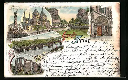 Lithographie Trier, Amphietheater, Portal der Liebfrauenkirche, Brunnen, Dom, Ruine Kaiserpalast