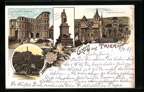 Lithographie Trier, Dom und Liebfrauenkirche, Porta Nigra, Mariensäule u. Kapelle, Kaiser Wilhelm I. Denkmal