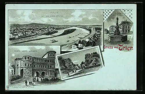 Mondschein-Lithographie Trier, Porta Nigra, Petersbrunnen am Marktplatz, Amphitheater