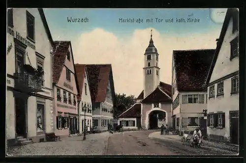 AK Wurzach, Marktstrasse mit Tor & kath. Kirche, Buchbinderei Waibel