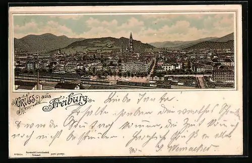 Lithographie Freiburg i. B., Stadtansicht mit Güterbahnhof im Vordergrund