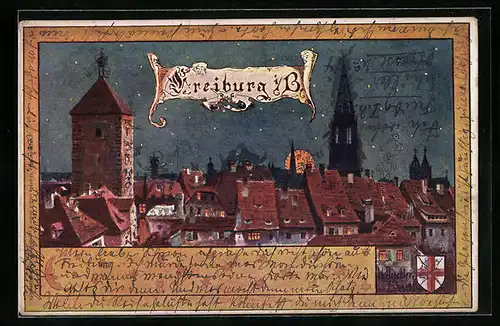 Künstler-AK Freiburg i. B., Blick bei Nacht über die Dächer der Stadt
