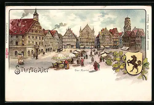 Künstler-AK Stuttgart, Marktplatz mit Marktständen, Stadtwappen