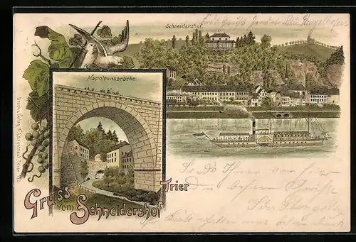 Lithographie Trier, Schneidershof, Napoleonsbrücke, Dampfer Mosel