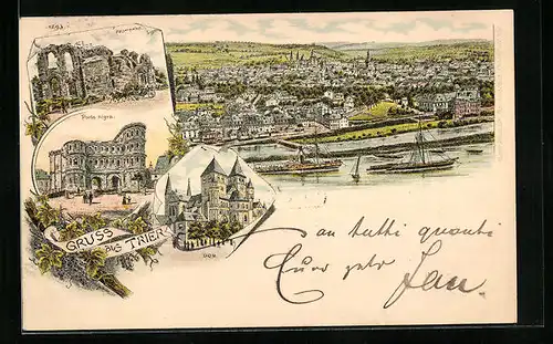 Lithographie Trier, Dom, Porta Nigra, Panorama der Stadt