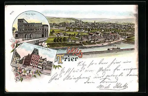 Lithographie Trier, Hotel Rotes Haus, Porta Nigra, Panorma der Stadt