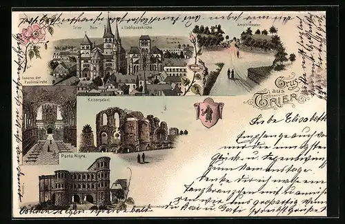 Lithographie Trier, Dom, Liebfrauenkirche, Porta Nigra, Paulinskirche