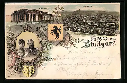 Lithographie Stuttgart, Königsbau, Panorama, Königspaar im Portrait