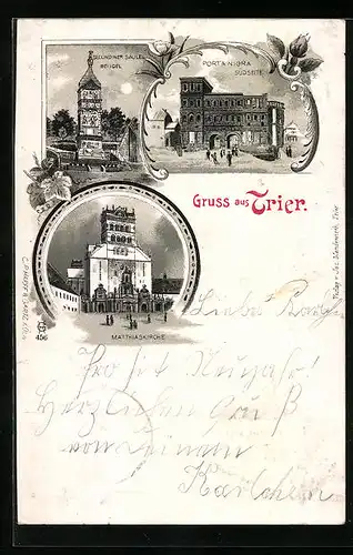 Lithographie Trier, Secundiner Säule, Porta Nigra, Matthiaskirche