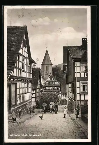 AK Loffenau, Bauer treibt seinen Ochsenkarren durch die Strassen, Kirche