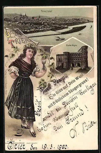 Lithographie Trier, Porta Nigra, Frau in Tracht, Panorama