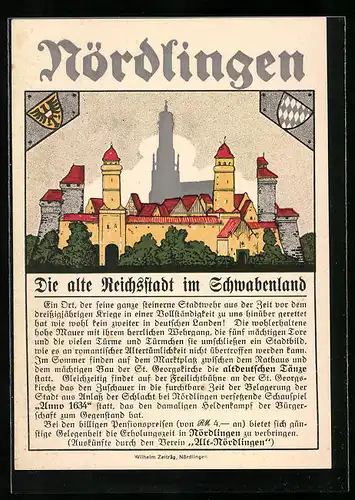Steindruck-AK Nördlingen, Blick auf die alte Reichsstadt, Wappen