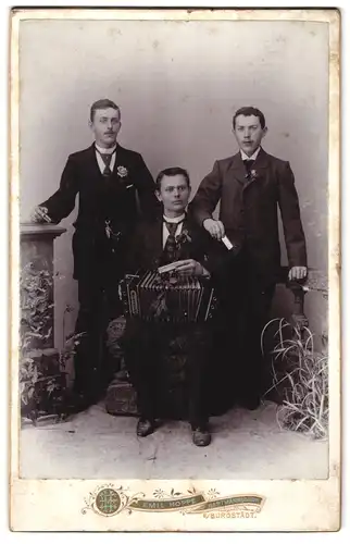 Fotografie Emil Hoppe, Hartmannsdorf, Portrait Musiker mit Akkordeon und Mundharmonika posieren im Atelier
