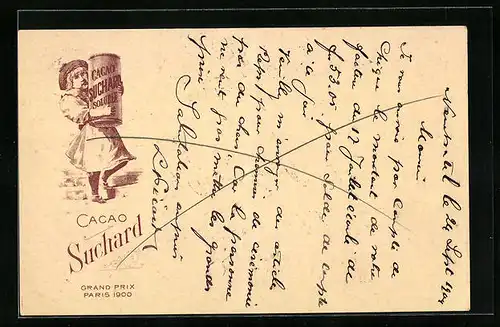 Lithographie Cacao Suchard Soluble, Mädchen mit Verpackung