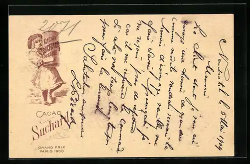 Lithographie Cacao Suchard Soluble, Mädchen mit Verpackung